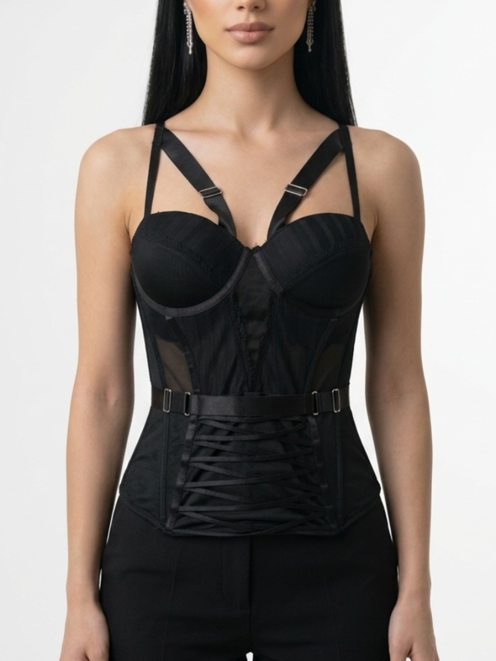 SPIRIT • Black Mesh Lace-Up Corset Bustier Harness Top Medium